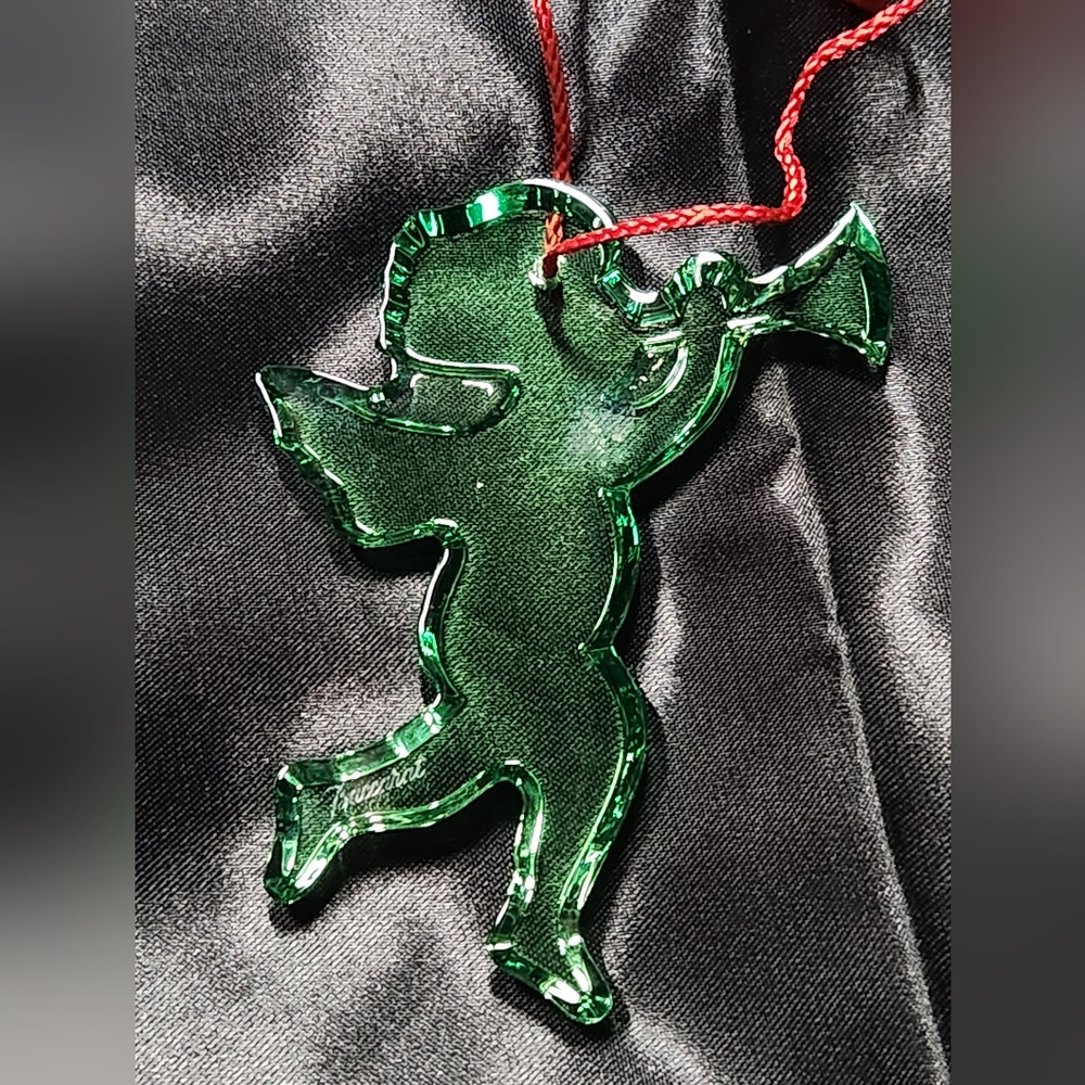 Baccarat Green Crystal Christmas Ornament Angel Playing Horn Marked w Pouch 3.25